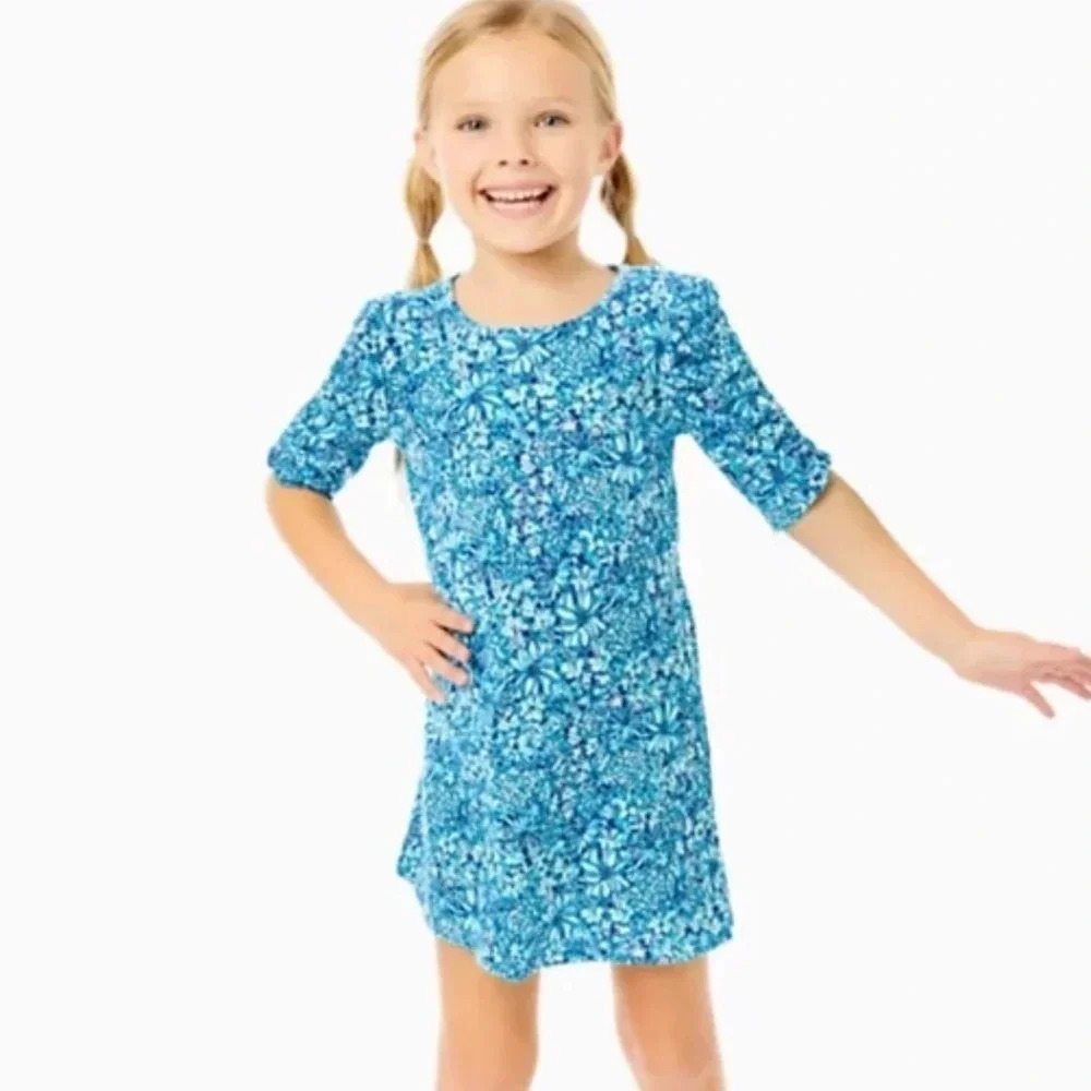 Lilly Pulitzer Girls' Mini Belden Dress in Cumulus Blue Blooming Together print